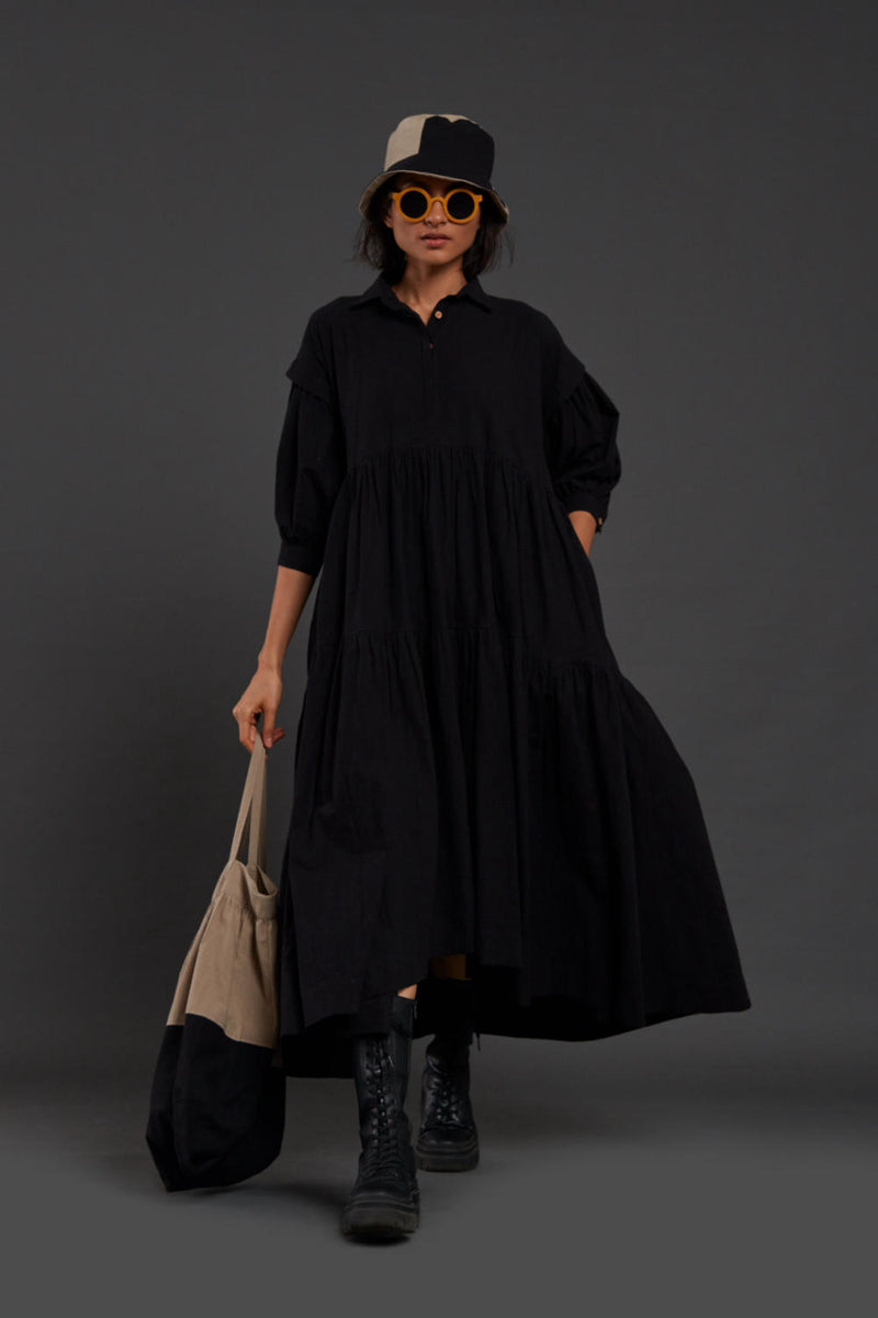 Black Tiered Shirt Dress Dress by Mati in black color for women in Singapore