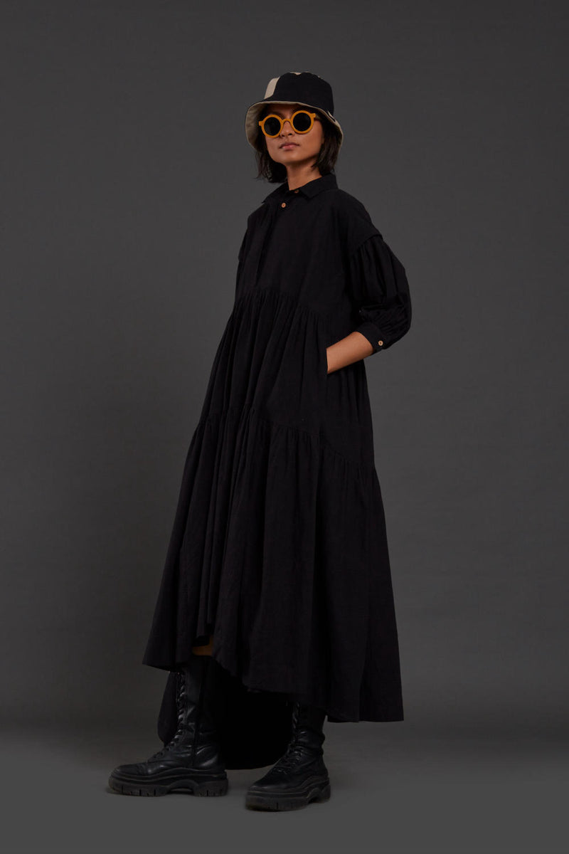 Black Tiered Shirt Dress Dress by Mati in black color for women in Singapore