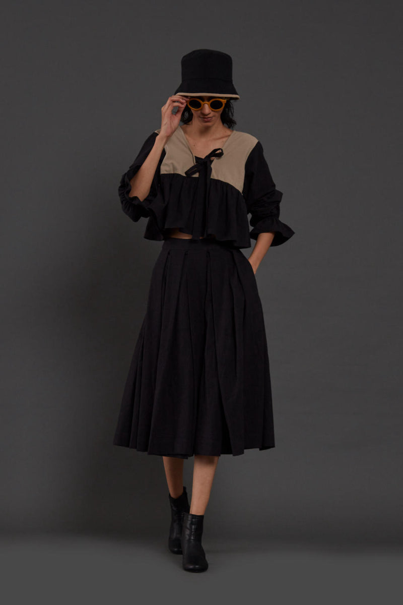 Black & Beige Bow Set Co-ord Set,Skirts,Top & Tunics by Mati in black color for women in Singapore