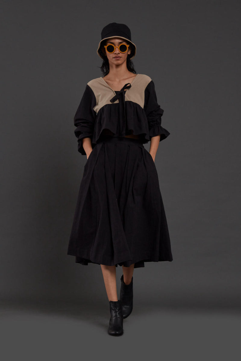 Black & Beige Bow Set Co-ord Set,Skirts,Top & Tunics by Mati in black color for women in Singapore