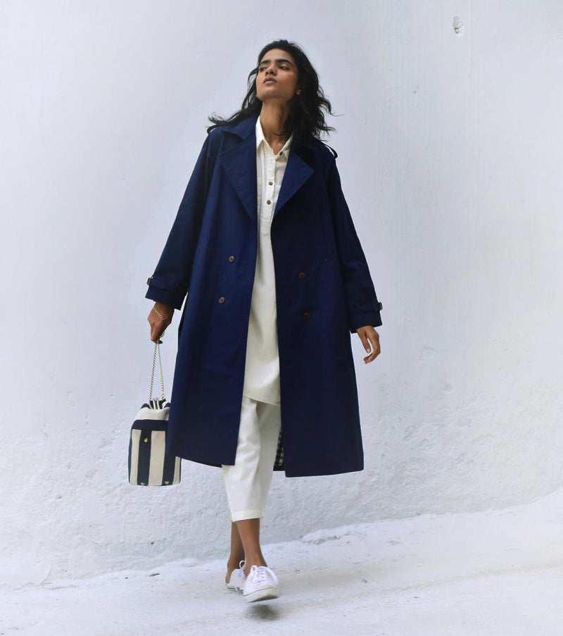 Blue Sage Trench Coat Jackets & Overlays by Khara Kapas for women in Singapore