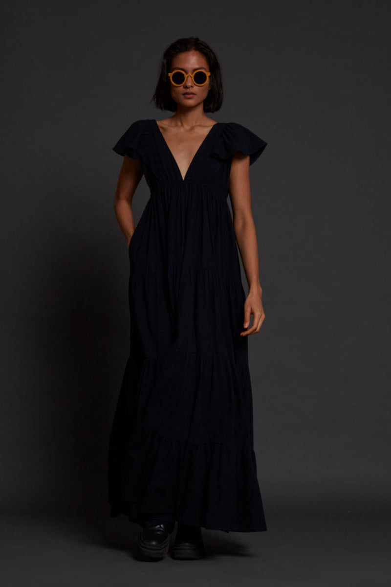 Navy Blue Tiered Gown Dress by Mati for women in Singapore