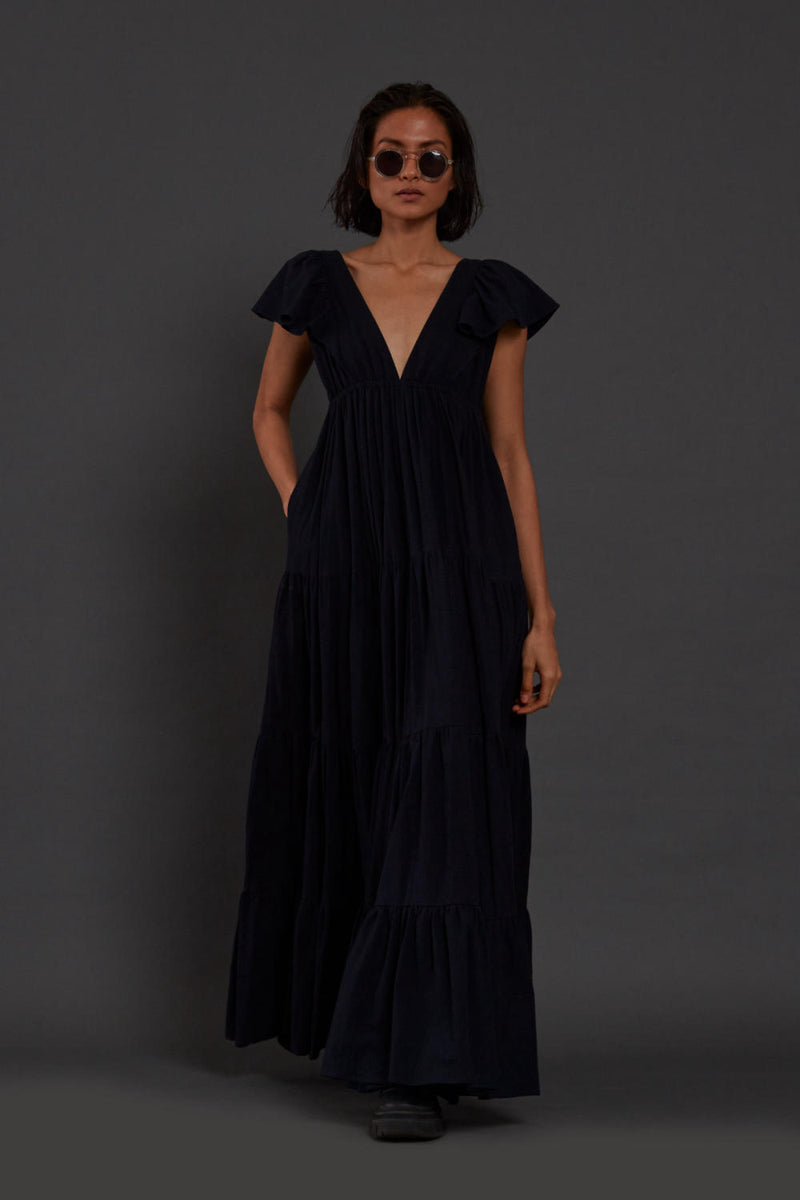 Navy Blue Tiered Gown Dress by Mati for women in Singapore