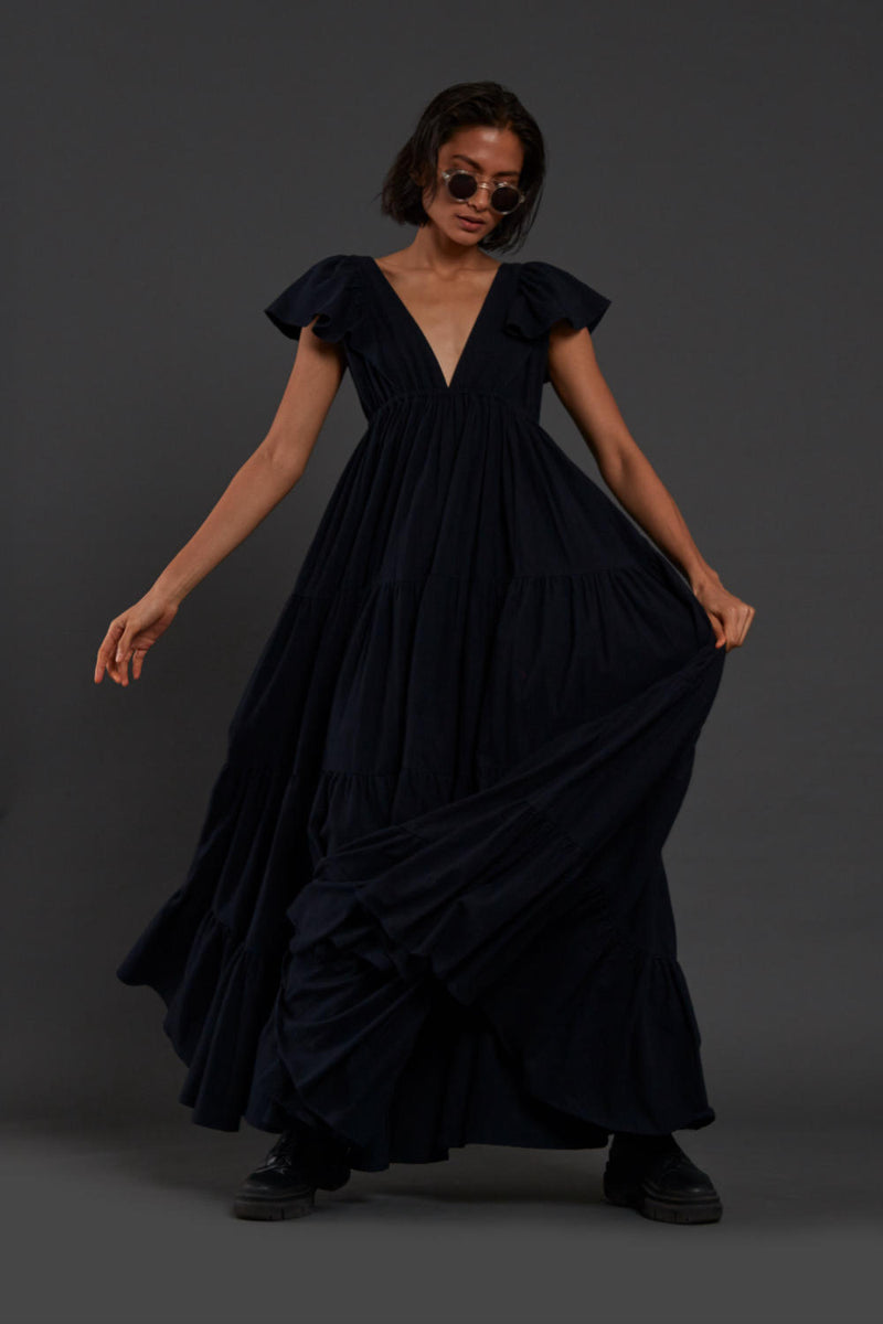 Navy Blue Tiered Gown Dress by Mati for women in Singapore