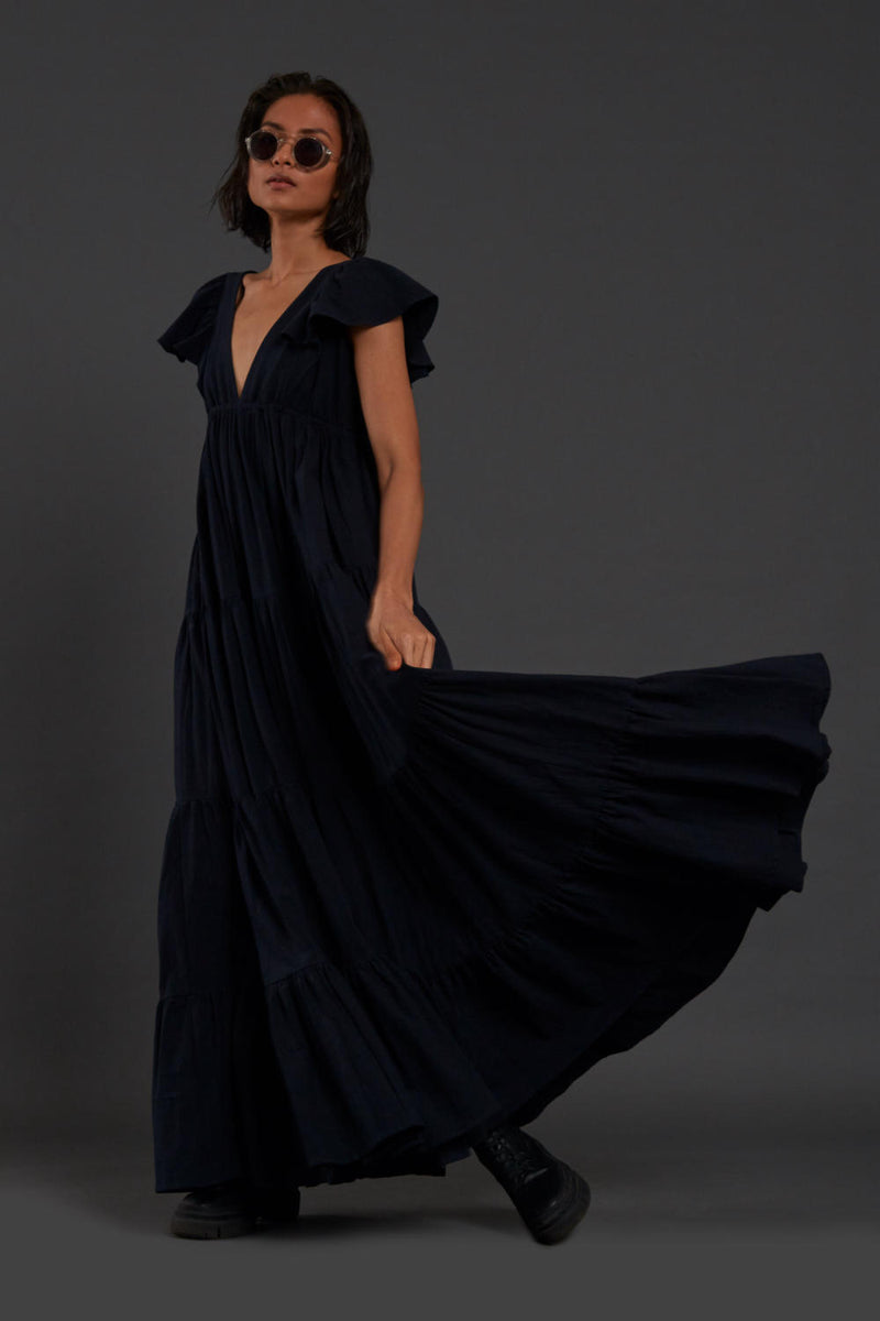 Navy Blue Tiered Gown Dress by Mati for women in Singapore