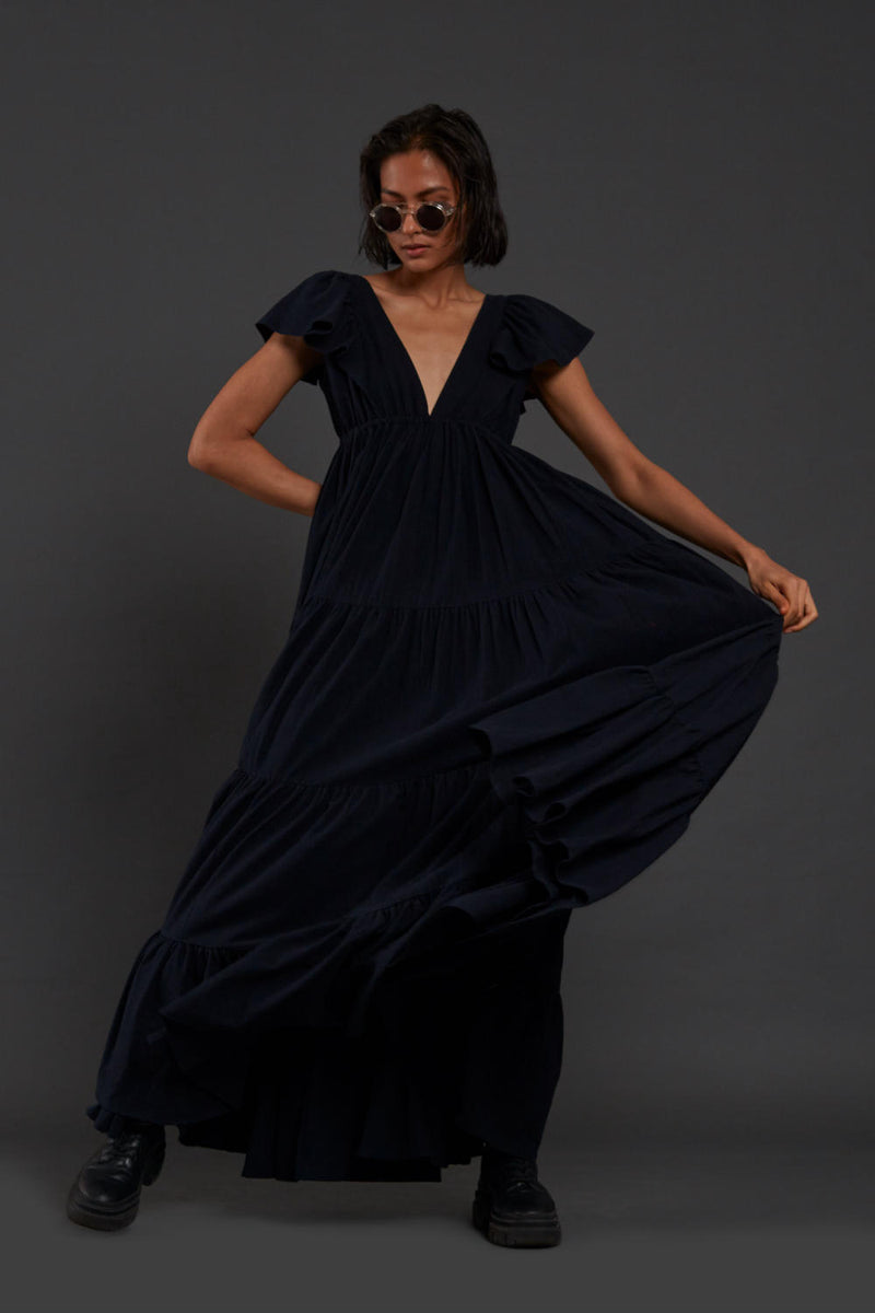 Navy Blue Tiered Gown Dress by Mati for women in Singapore