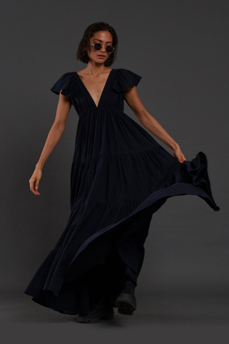 Navy Blue Tiered Gown Dress by Mati for women in Singapore