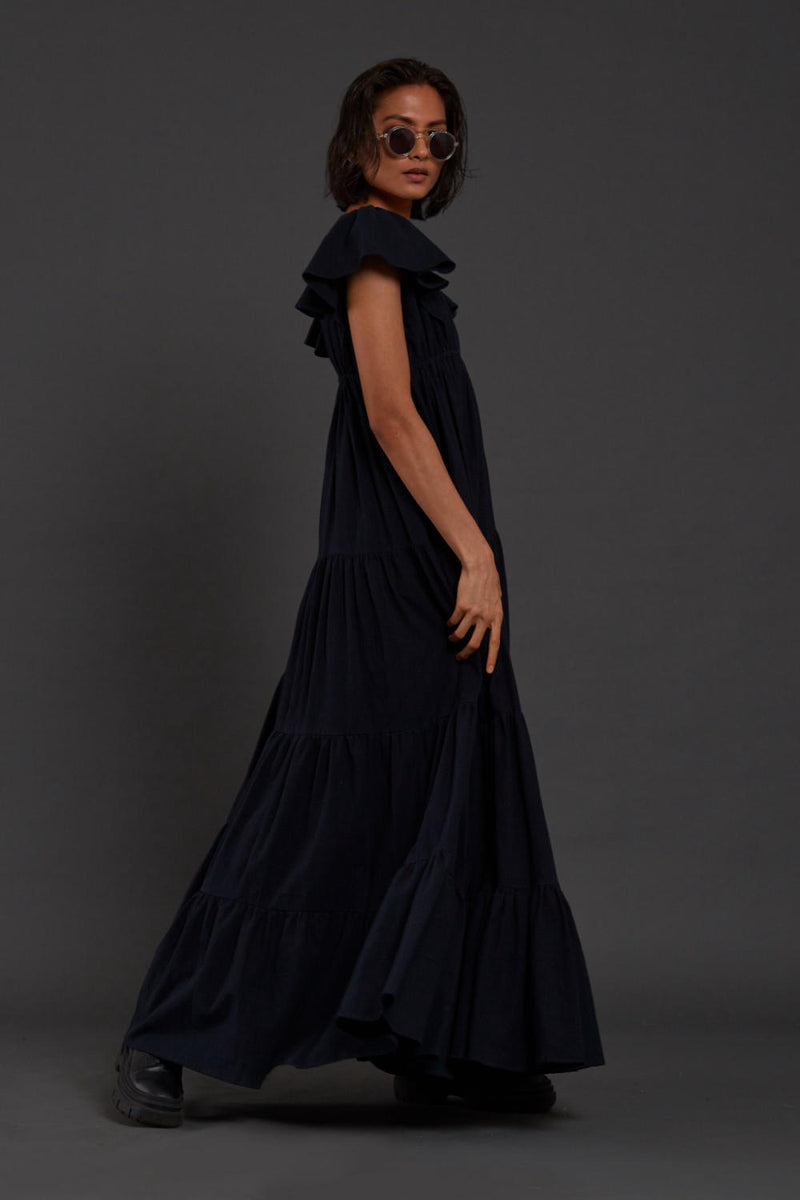 Navy Blue Tiered Gown Dress by Mati for women in Singapore