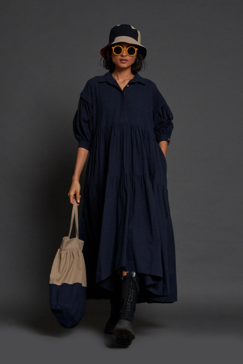 Navy Blue Tiered Shirt Dress Dress by Mati for women in Singapore