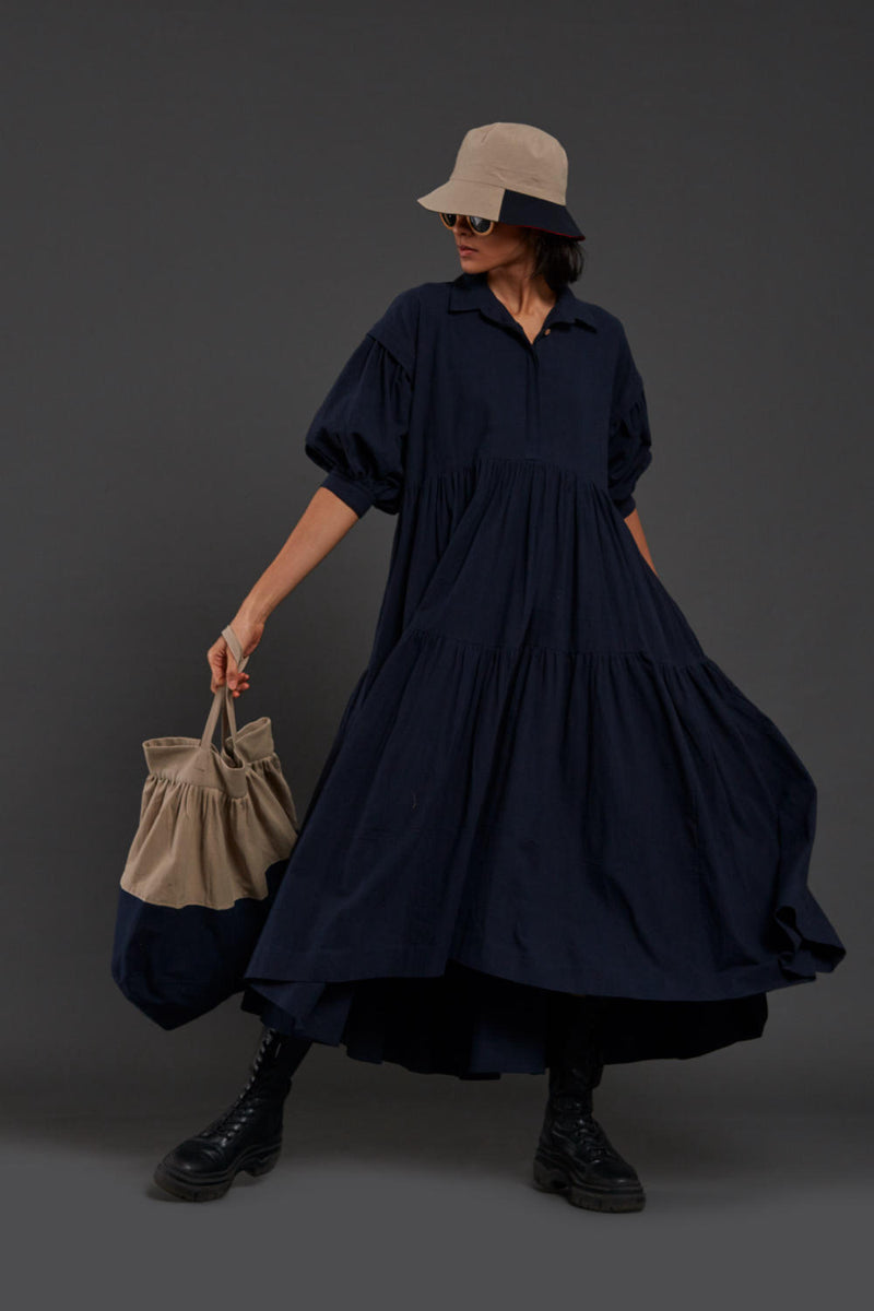 Navy Blue Tiered Shirt Dress Dress by Mati for women in Singapore