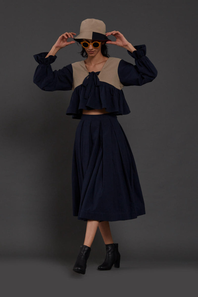 Navy Blue & Beige Bow Set Co-ord Set,Skirts,Top & Tunics by Mati for women in Singapore