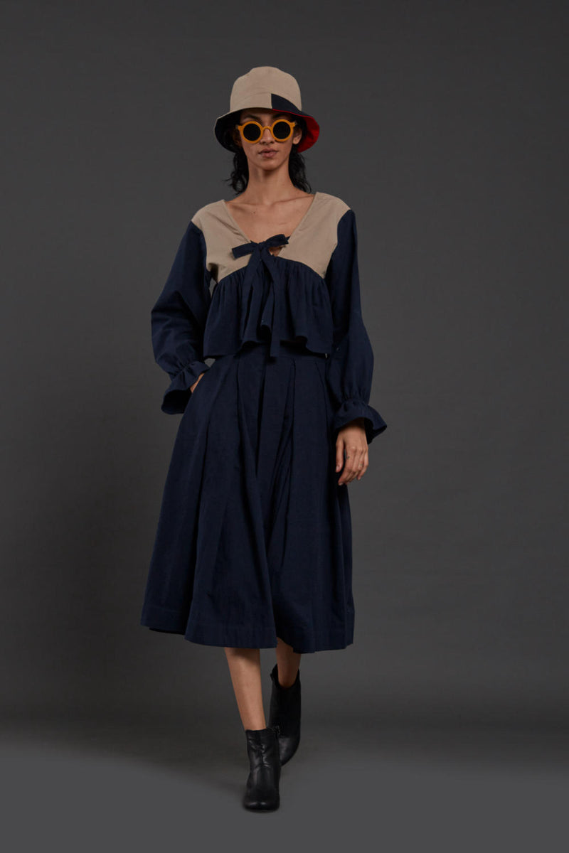Navy Blue & Beige Bow Set Co-ord Set,Skirts,Top & Tunics by Mati for women in Singapore