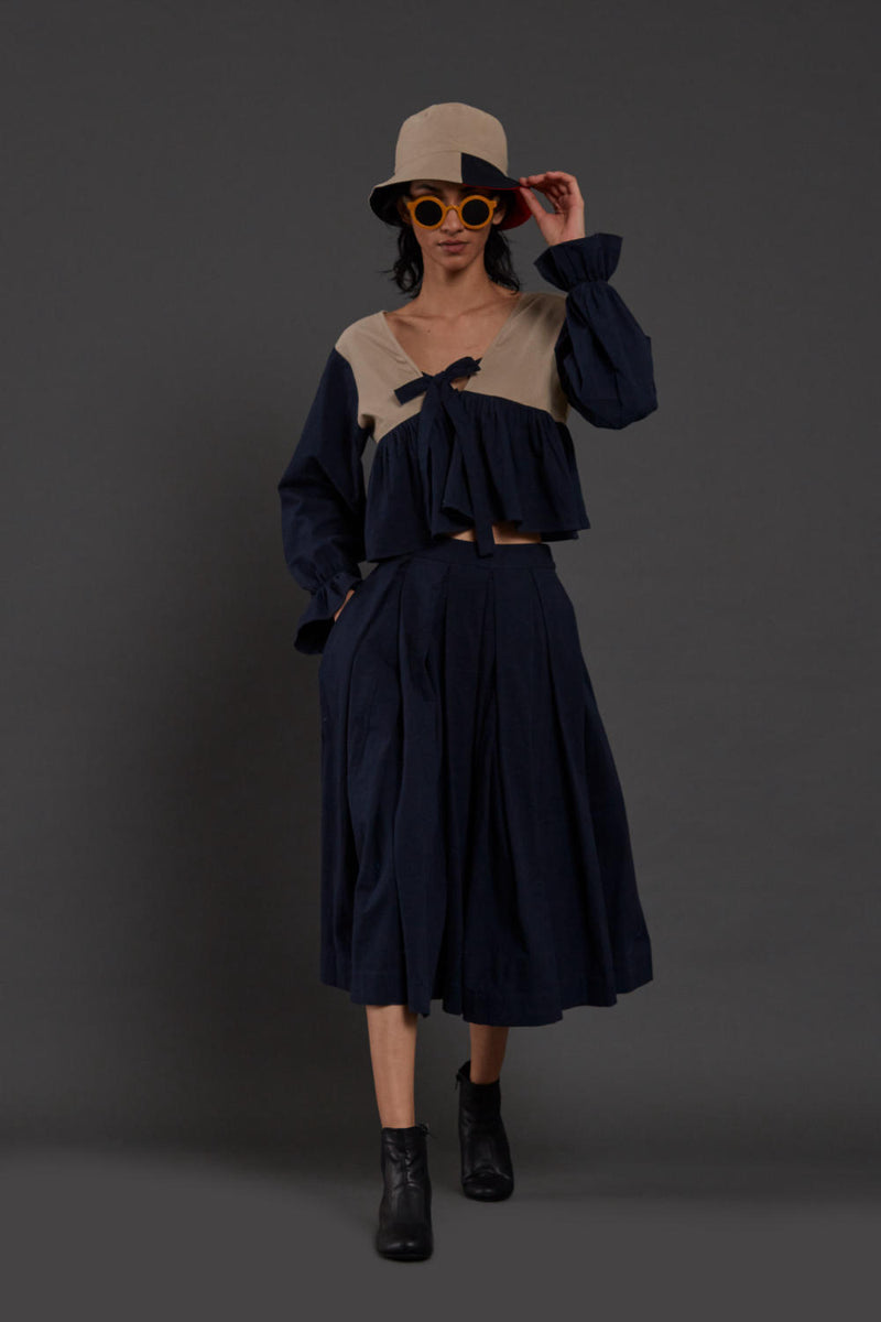 Navy Blue & Beige Bow Set Co-ord Set,Skirts,Top & Tunics by Mati for women in Singapore
