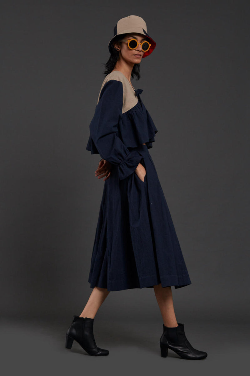 Navy Blue & Beige Bow Set Co-ord Set,Skirts,Top & Tunics by Mati for women in Singapore