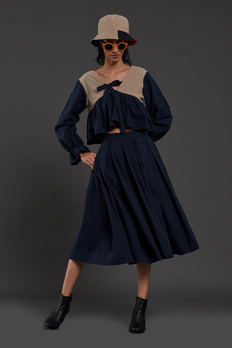Navy Blue & Beige Bow Set Co-ord Set,Skirts,Top & Tunics by Mati for women in Singapore