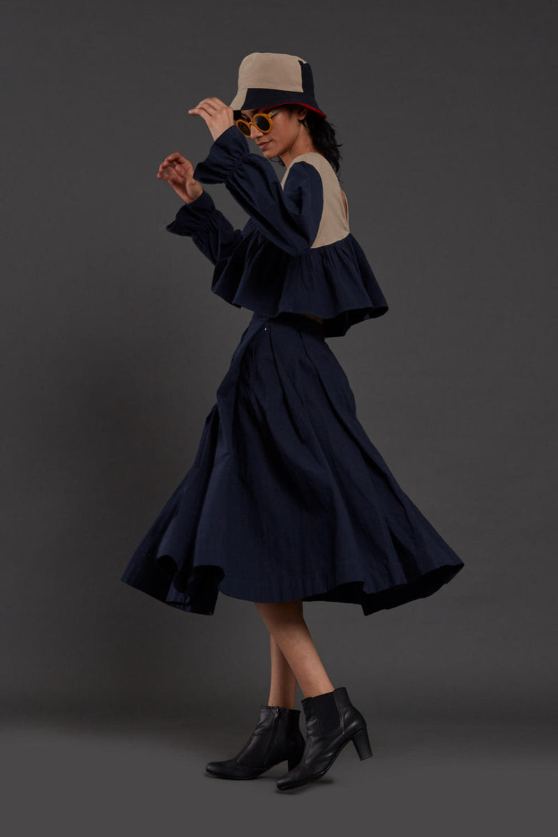 Navy Blue & Beige Bow Set Co-ord Set,Skirts,Top & Tunics by Mati for women in Singapore