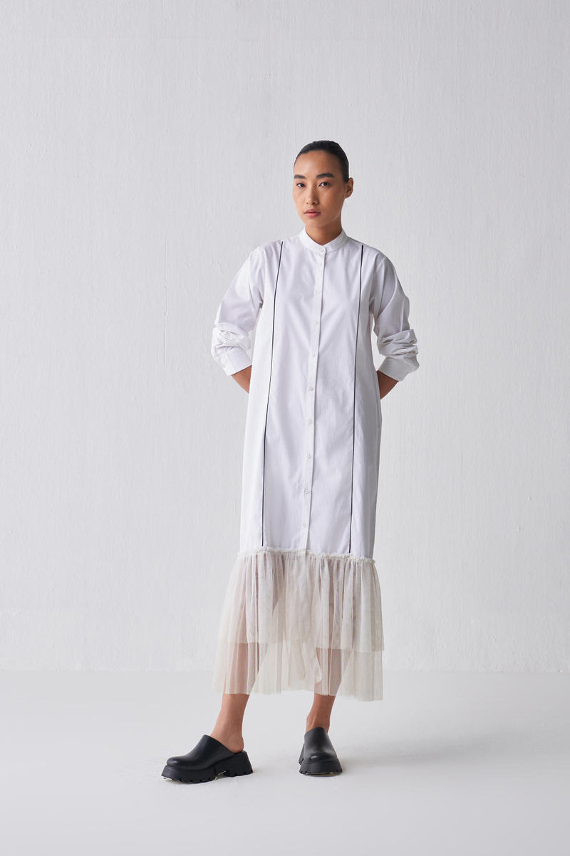 GATHERED HEM SHIRT DRESS Dress by THREE in white color for women in Singapore
