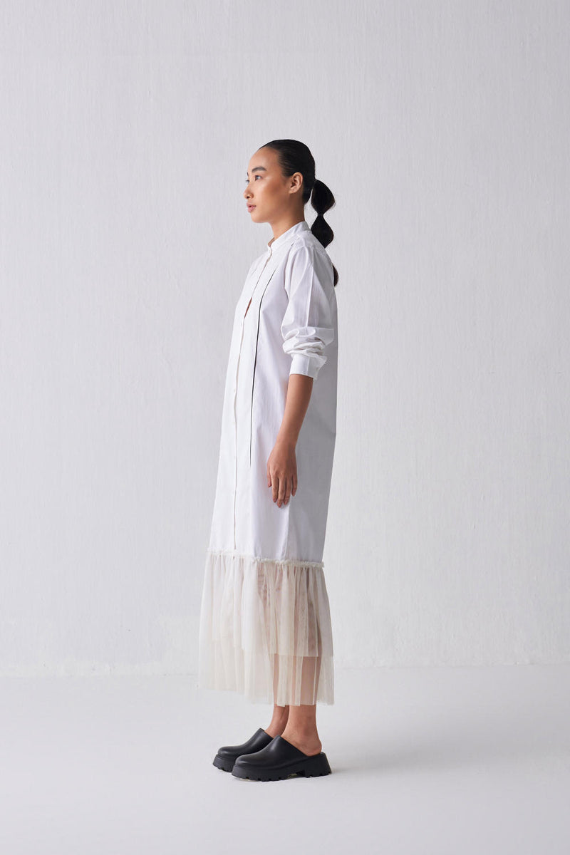 GATHERED HEM SHIRT DRESS Dress by THREE in white color for women in Singapore