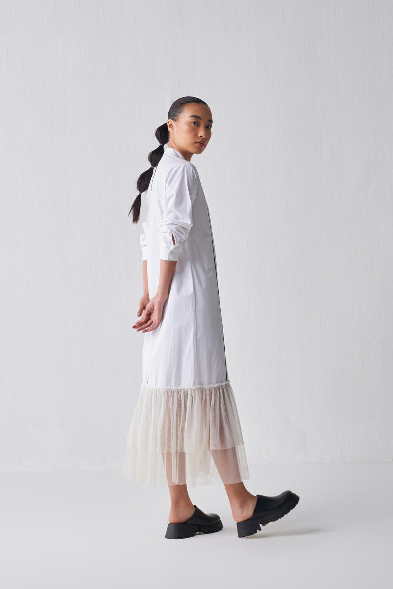 GATHERED HEM SHIRT DRESS Dress by THREE in white color for women in Singapore