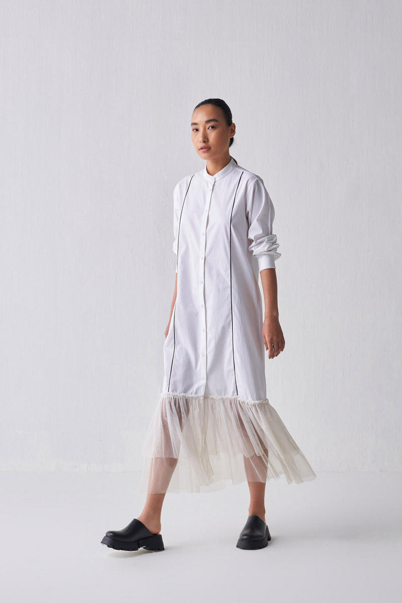 GATHERED HEM SHIRT DRESS Dress by THREE in white color for women in Singapore