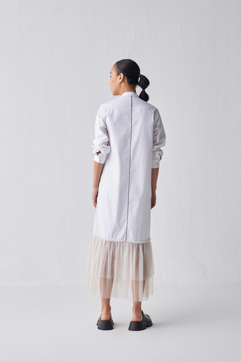 GATHERED HEM SHIRT DRESS Dress by THREE in white color for women in Singapore
