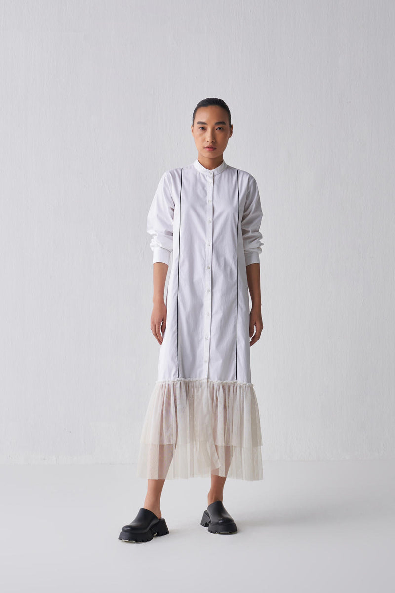 GATHERED HEM SHIRT DRESS Dress by THREE in white color for women in Singapore