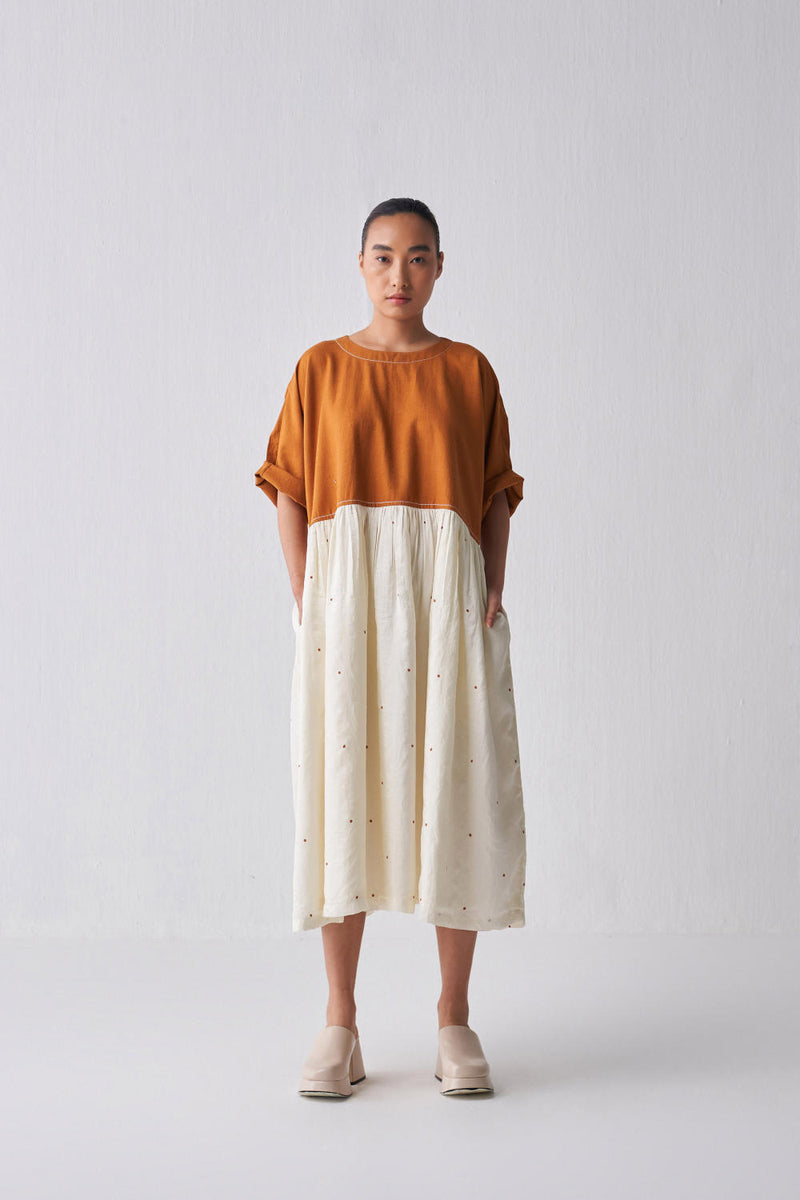 YOKE GATHERED DRESS Dress by THREE in rust color for women in Singapore