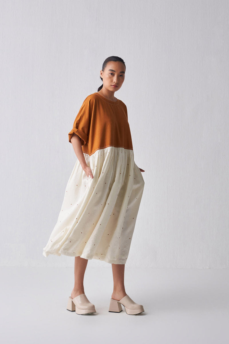 YOKE GATHERED DRESS Dress by THREE in rust color for women in Singapore