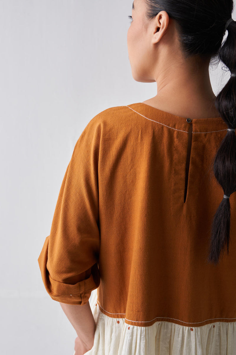 YOKE GATHERED DRESS Dress by THREE in rust color for women in Singapore