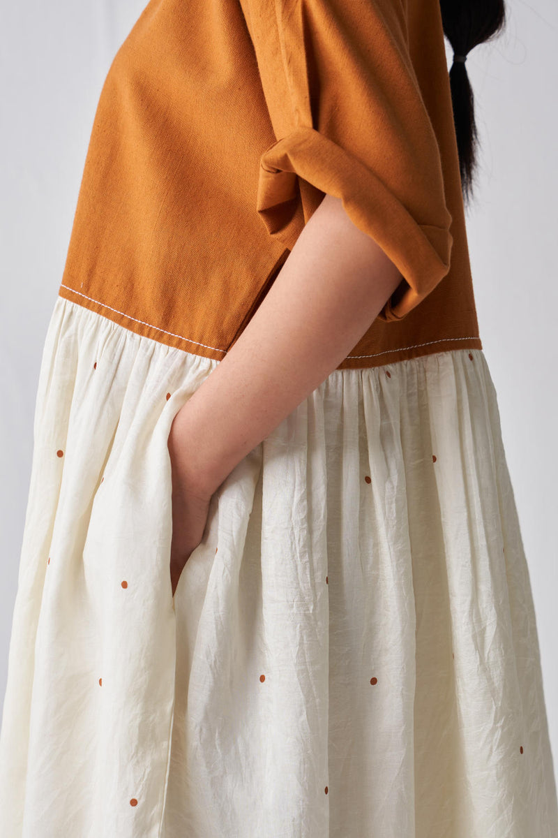 YOKE GATHERED DRESS Dress by THREE in rust color for women in Singapore
