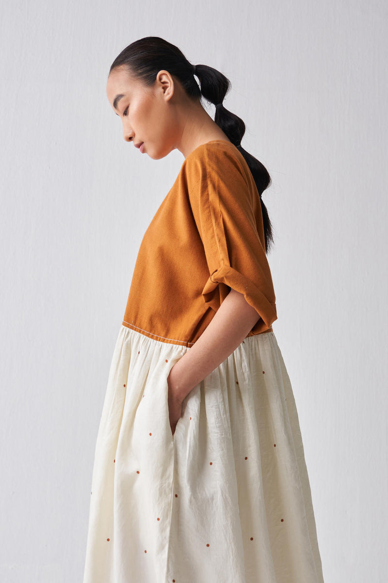 YOKE GATHERED DRESS Dress by THREE in rust color for women in Singapore