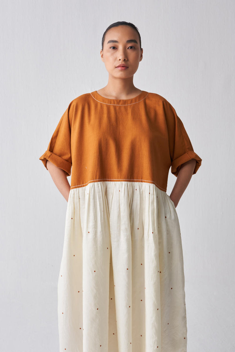 YOKE GATHERED DRESS Dress by THREE in rust color for women in Singapore