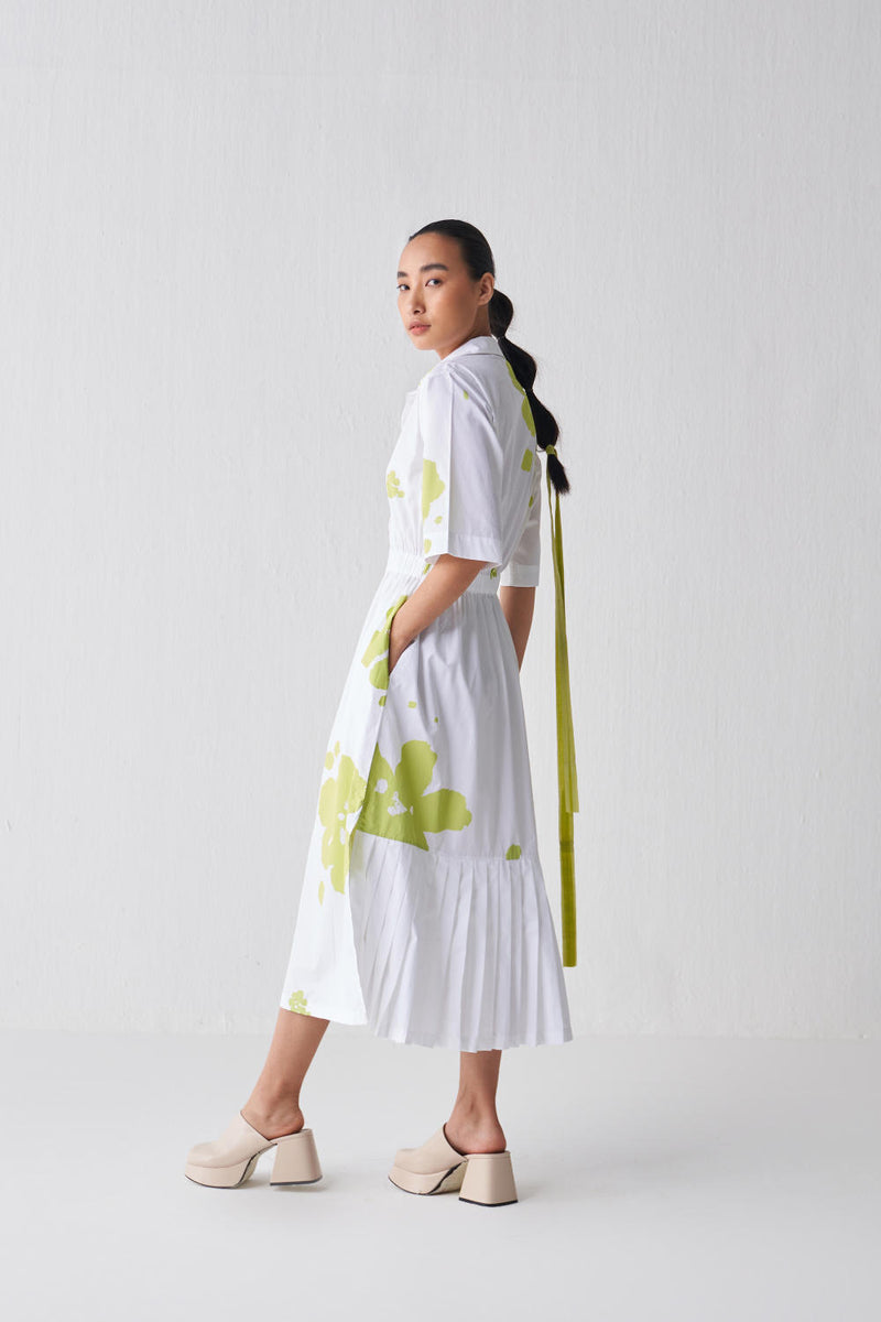 COLLARED SIDE ELASTIC WAIST DRESS Dress by THREE in white color for women in Singapore