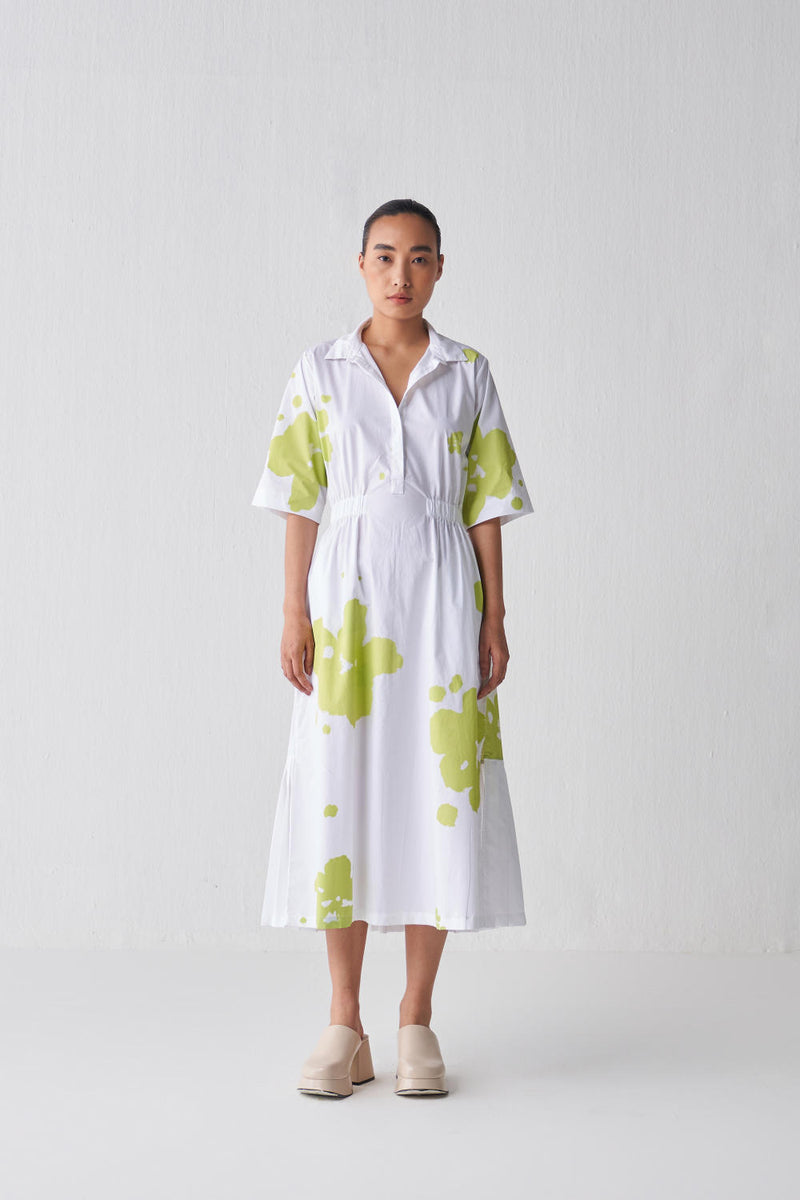 COLLARED SIDE ELASTIC WAIST DRESS Dress by THREE in white color for women in Singapore