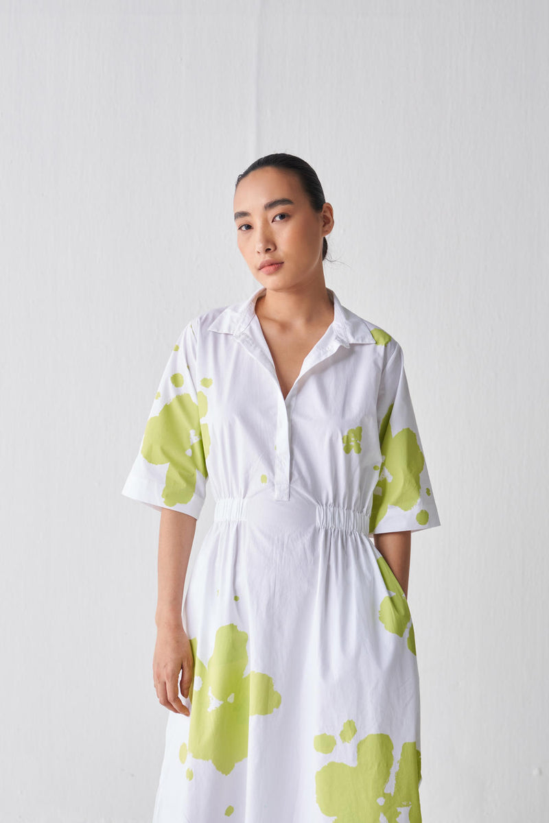 COLLARED SIDE ELASTIC WAIST DRESS Dress by THREE in white color for women in Singapore