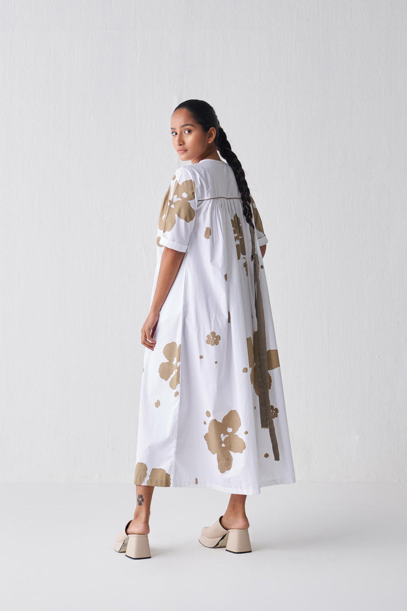 GATHER NECK DRESS (SAGE PRINT) Dress by THREE in white color for women in Singapore