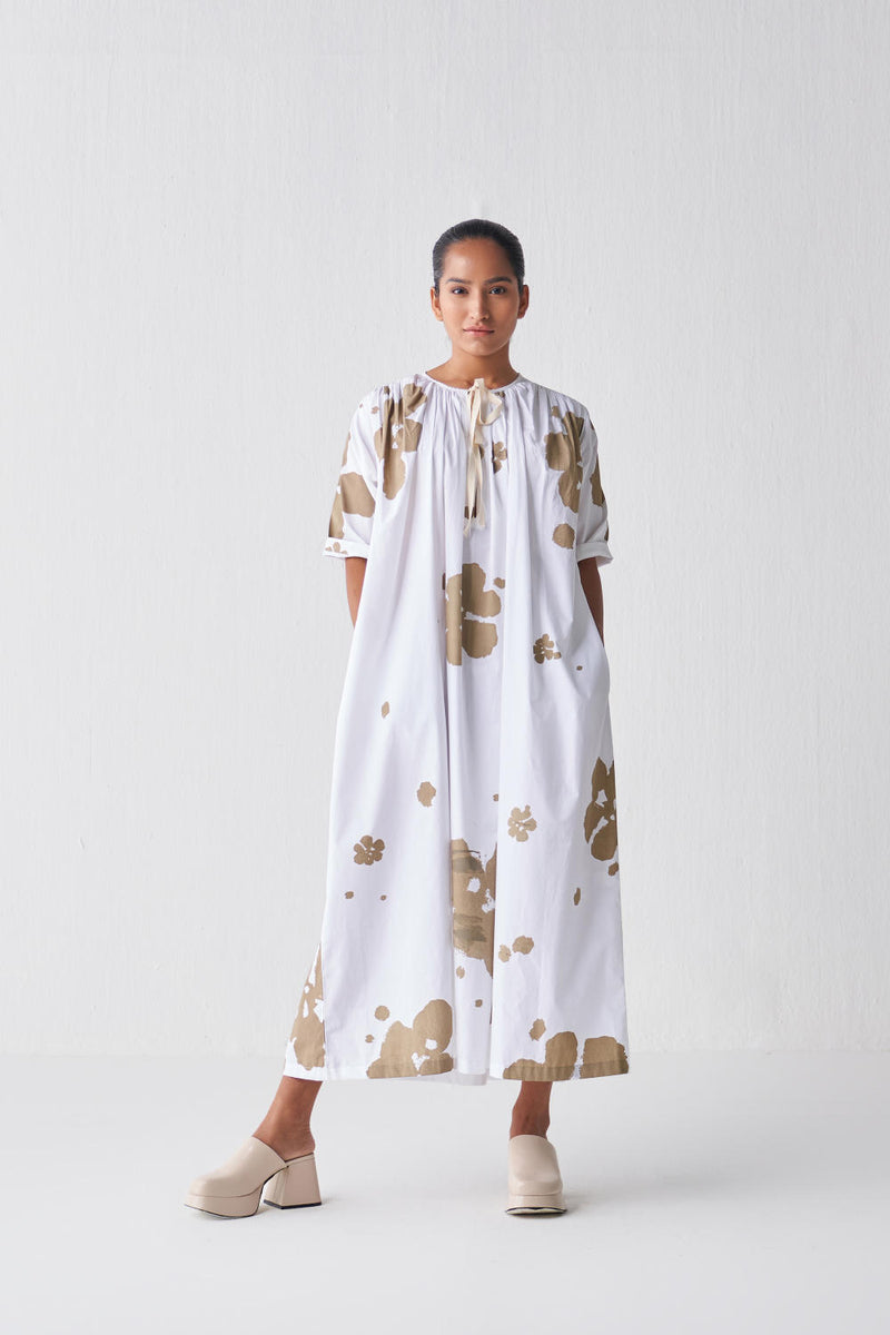 GATHER NECK DRESS (SAGE PRINT) Dress by THREE in white color for women in Singapore