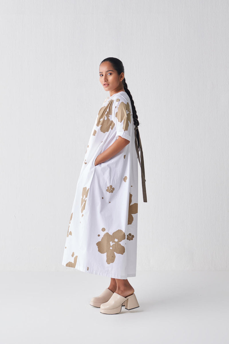 GATHER NECK DRESS (SAGE PRINT) Dress by THREE in white color for women in Singapore