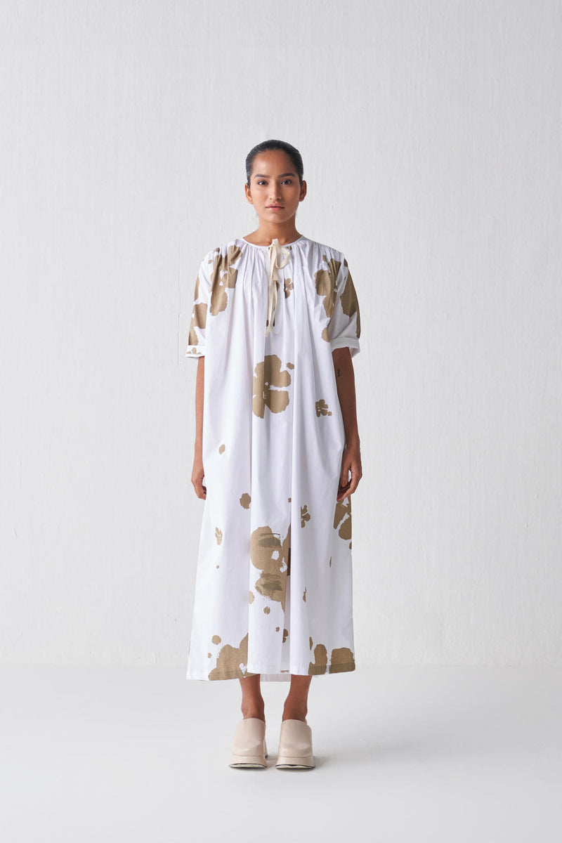 GATHER NECK DRESS (SAGE PRINT) Dress by THREE in white color for women in Singapore