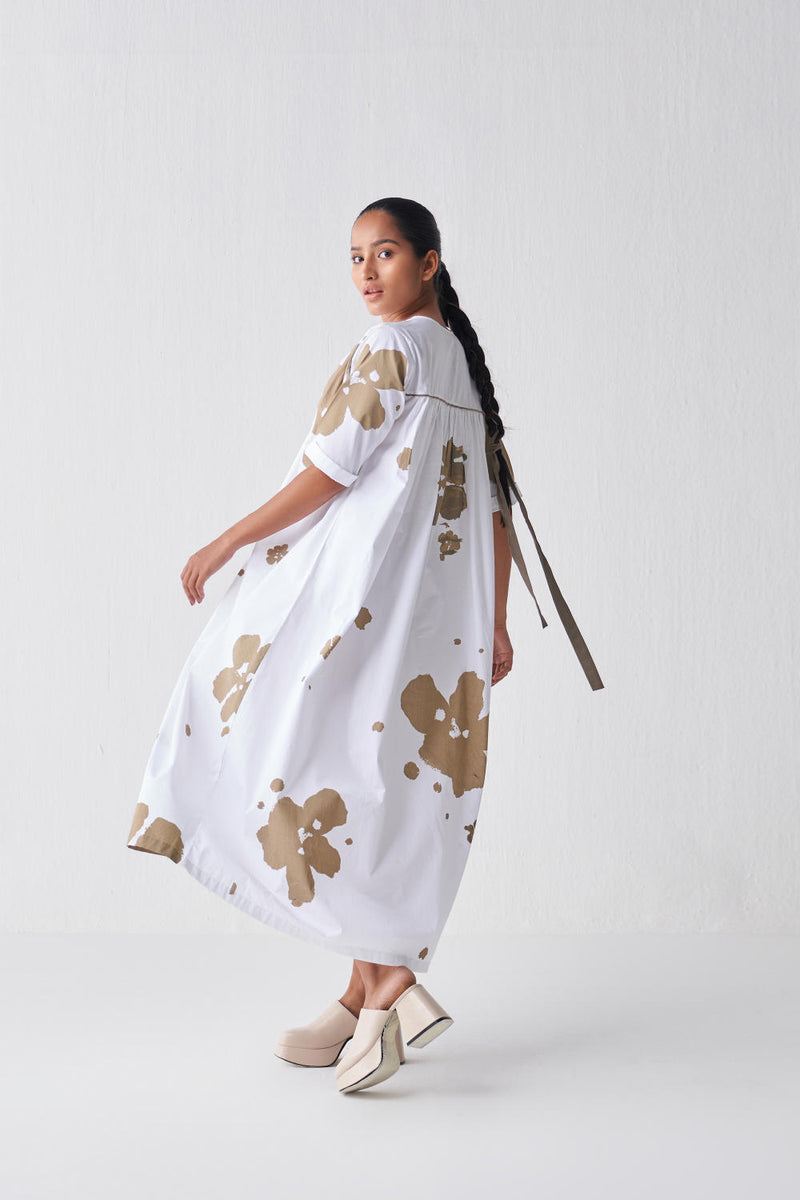 GATHER NECK DRESS (SAGE PRINT) Dress by THREE in white color for women in Singapore