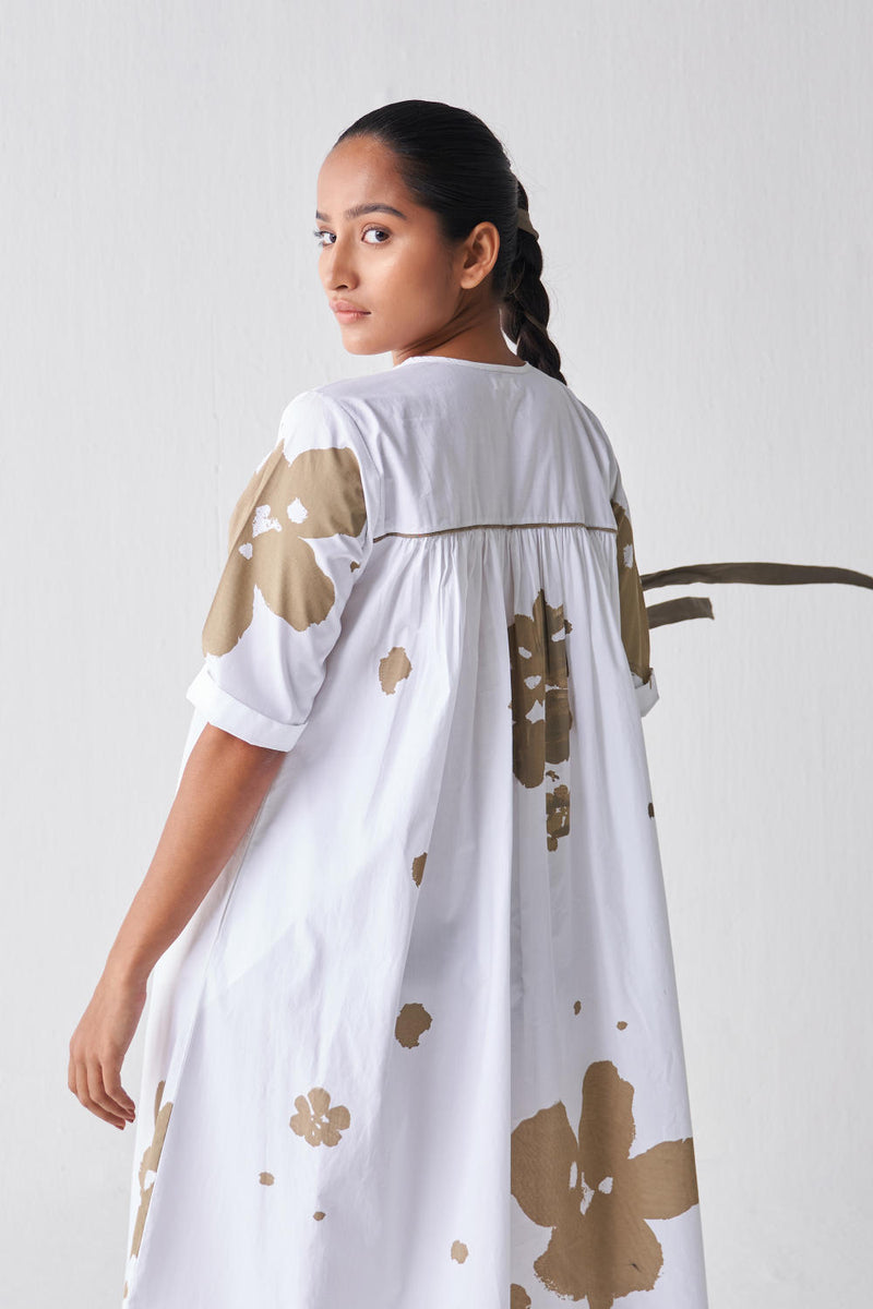 GATHER NECK DRESS (SAGE PRINT) Dress by THREE in white color for women in Singapore