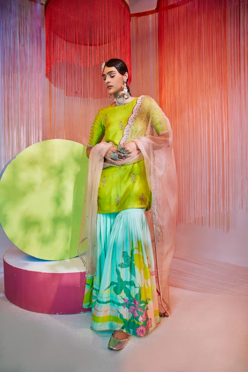 BRIGHT GREEN ORCHID GHARARA SET Kurta Sets by Rajiramniq for women in Singapore