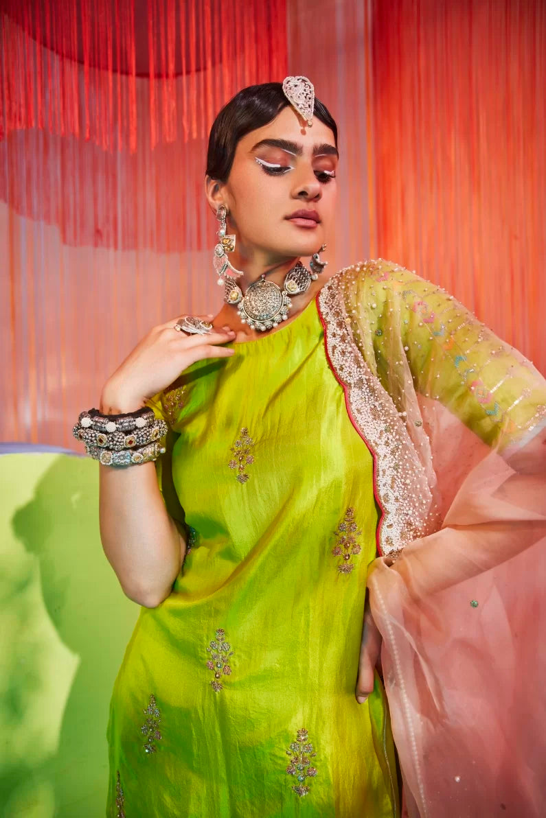 BRIGHT GREEN ORCHID GHARARA SET Kurta Sets by Rajiramniq for women in Singapore