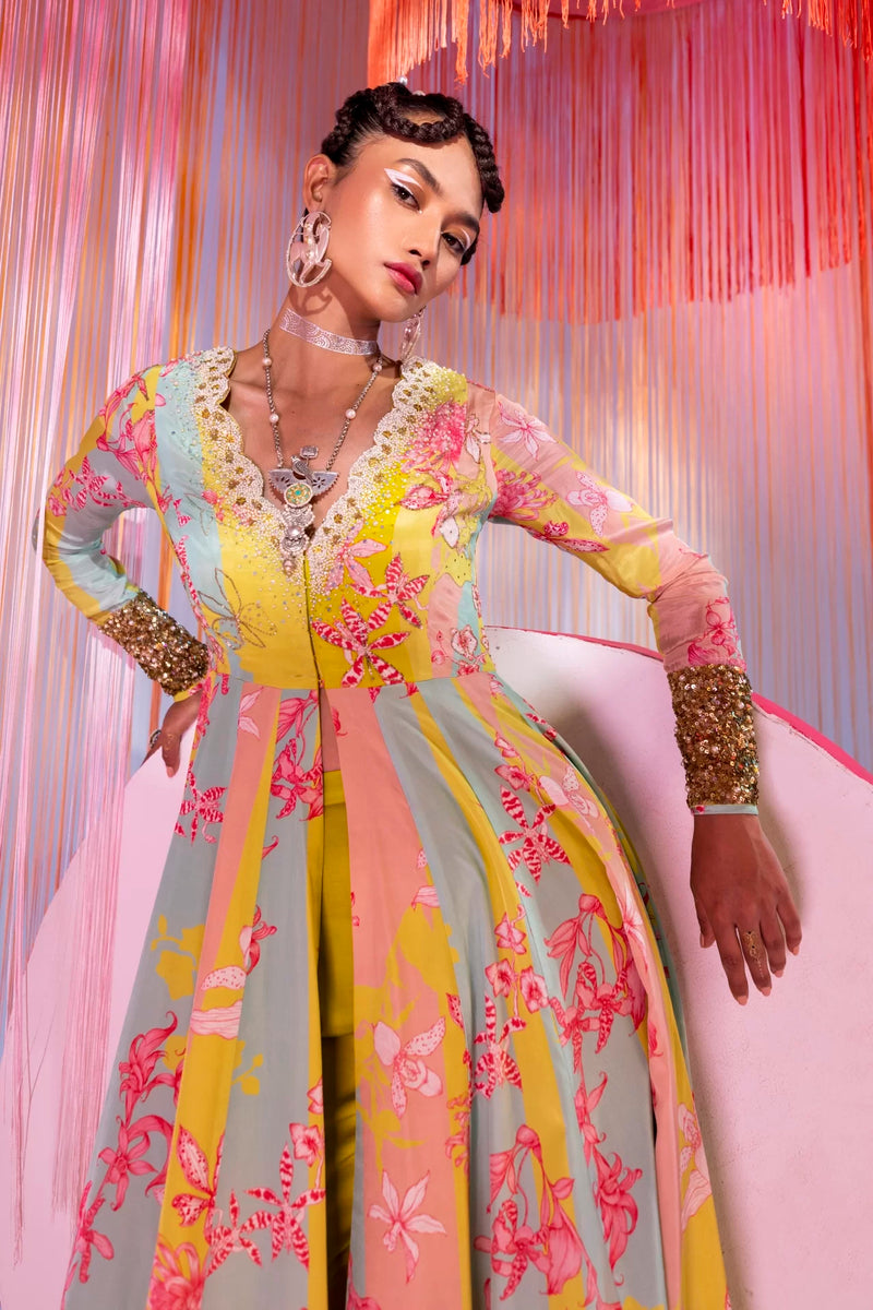 LIME YELLOW ORCHID ANARKALI SET Kurta Sets by Rajiramniq for women in Singapore