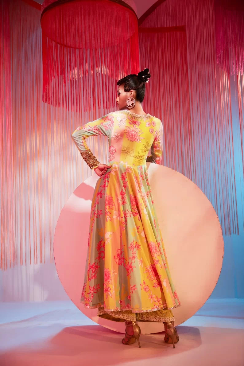 LIME YELLOW ORCHID ANARKALI SET Kurta Sets by Rajiramniq for women in Singapore