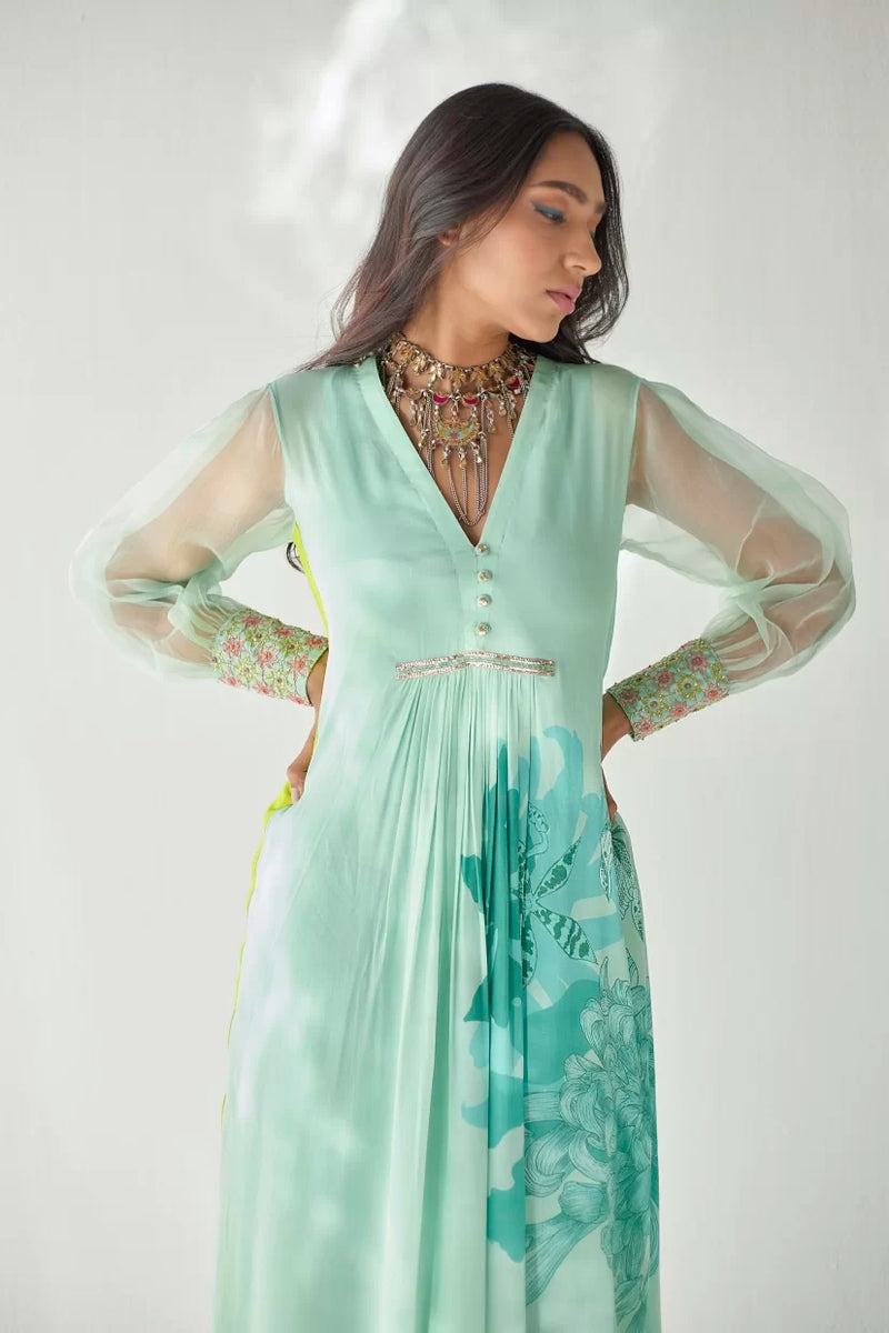 SEA GREEN SIDE FLOWER KURTA SET Kurta Sets by Rajiramniq for women in Singapore