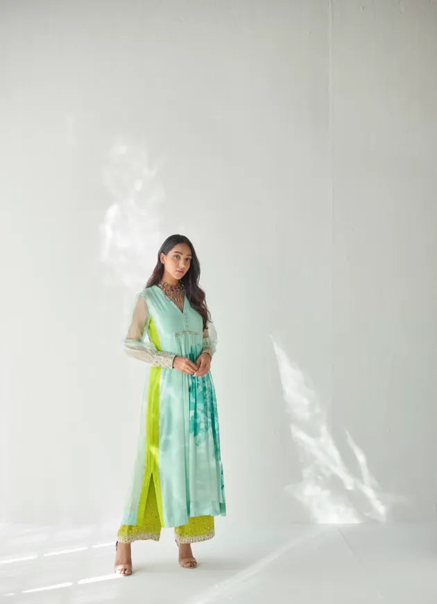 SEA GREEN SIDE FLOWER KURTA SET Kurta Sets by Rajiramniq for women in Singapore