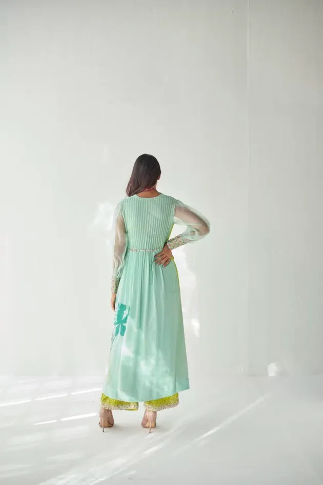 SEA GREEN SIDE FLOWER KURTA SET Kurta Sets by Rajiramniq for women in Singapore