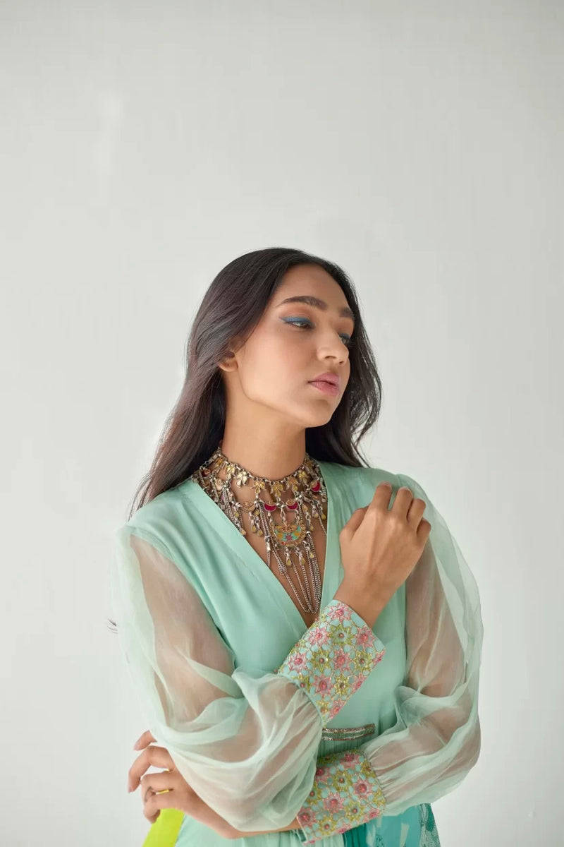 SEA GREEN SIDE FLOWER KURTA SET Kurta Sets by Rajiramniq for women in Singapore
