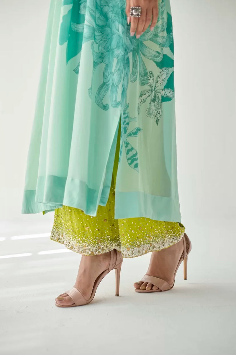 SEA GREEN SIDE FLOWER KURTA SET Kurta Sets by Rajiramniq for women in Singapore